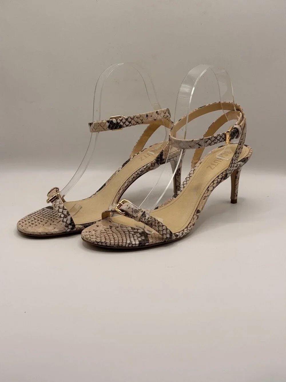 Schutz Women's Aurora Beige Latte Strap Snake  Mid Stiletto Heels Sz 8.5 B